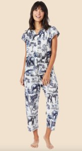 The Cat's Pajamas Women's Safari Toile Luxe Pima Cotton Capri Pajama Set in Blue