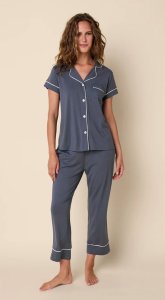 The Cat's Pajamas Women's Steel Blue Pima Knit Cotton Capri Pajama Set