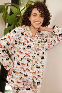 The Cat's Pajamas Women's Sushi Flannel Classic Pajama Set in White