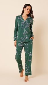 The Cat's Pajamas Women's Willow Cerise Pima Knit Cotton Classic Pajama Set in Green
