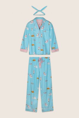 PJ Salvage Pampered Cat Classic Flannel Pajama Set in Blue Elixir