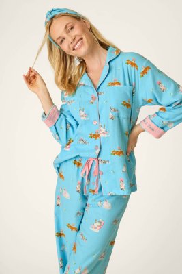 PJ Salvage Pampered Cat Classic Flannel Pajama Set in Blue Elixir