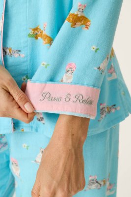 PJ Salvage Pampered Cat Classic Flannel Pajama Set in Blue Elixir