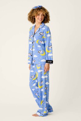 PJ Salvage Cows Jumping Over The Moon Classic Flannel Pajama Set in Peri Blue