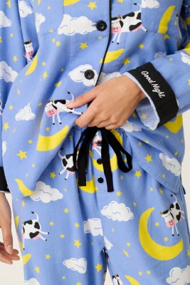 PJ Salvage Cows Jumping Over The Moon Classic Flannel Pajama Set in Peri Blue
