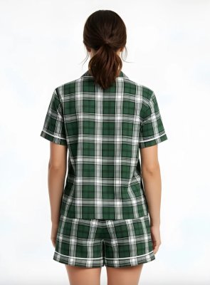 Boxercraft Women's Green/White Plaid Boxy Flannel Short Sleeve Shirt