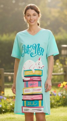 Little Blue House by Hatley Kitty Cat Book Club Cotton Sleepshirt in Aqua