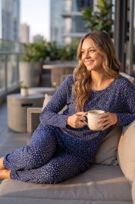 The Cat's Pajamas Women's Navy Confetti Dot Pima Knit Cotton Pullover Lounge Set