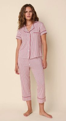 The Cat's Pajamas Women's Holiday Stripe Pima Knit Cotton Capri Pajama Set