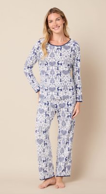 The Cat's Pajamas Women's Holly Jolly Pima Knit Cotton Simple Set in Blue