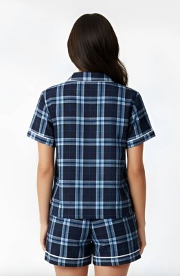 Boxercraft Women's Navy/Colmbia Plaid Boxy Flannel Short Sleeve Shirt