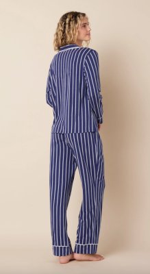 The Cat's Pajamas Women's Navy Heritage Stripe Pima Knit Cotton Classic Pajama Set