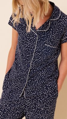 The Cat's Pajamas Women's Navy Confetti Dot Pima Knit Cotton Capri Pajama Set