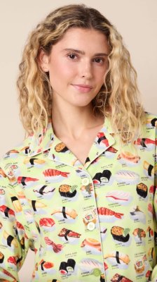 The Cat's Pajamas Women's Wasabi Sushi Flannel Classic Pajama Set in Green