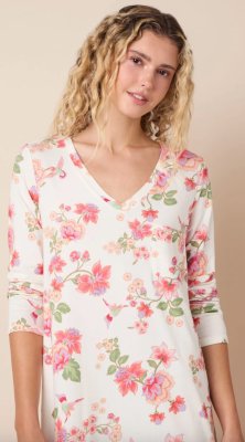 The Cat's Pajamas Women's Wing & Bloom Pima Knit Cotton Long Sleeve V-Neck Sleepshirt