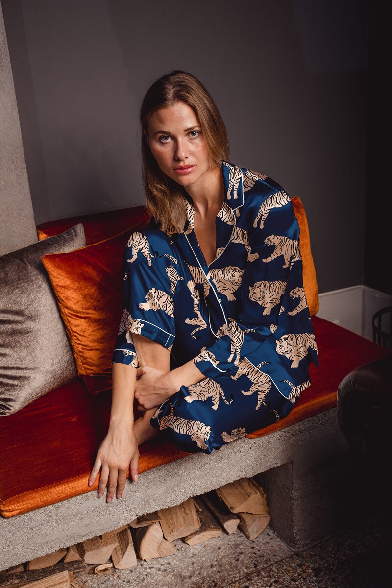 Felina Adrienne Print Satin Pajamas In Tiger