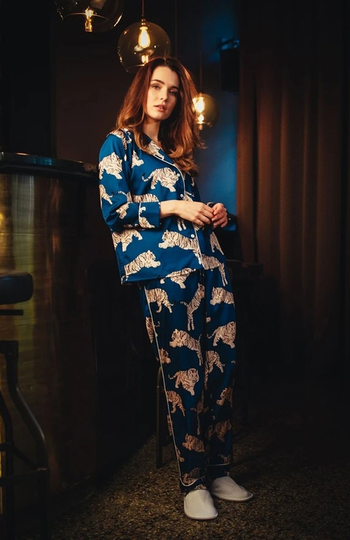 Silk Pajama Set - Navy, Berry Bird