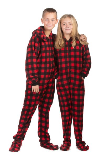 zuurstof Eik vier keer Big Feet Pajamas Kids Red & Black Buffalo Plaid Fleece Hooded One Piece  Footy