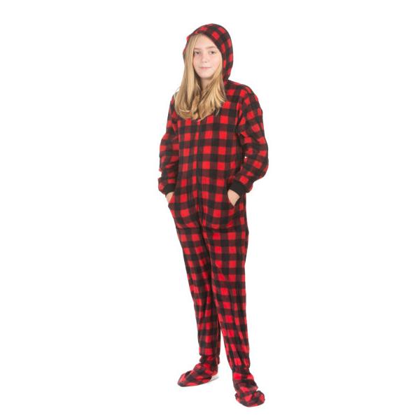 Hoodie Footed Onesie Buffalo Pink & Black Plaid Fleece Footed Pajamas for Boys & Girls