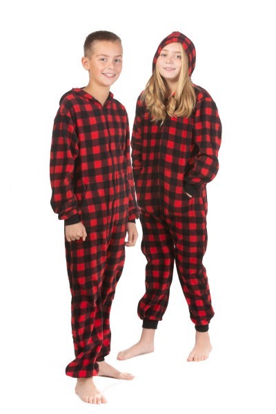 Persoonlijk meer en meer gans Big Feet Pajamas Kids Red & Black Buffalo Plaid Hooded Fleece Onesie