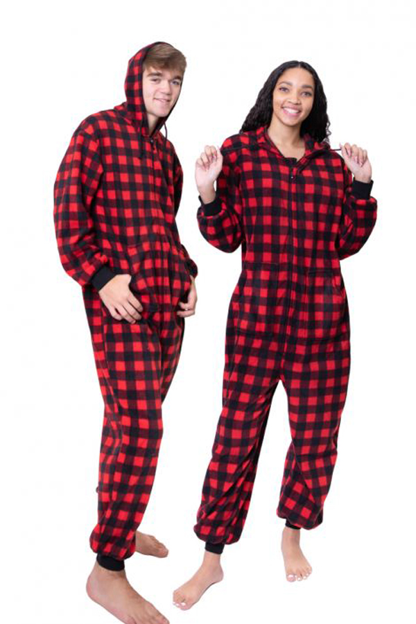 Big Feet Pajamas Adult Red & Black Buffalo Plaid Plush Hooded