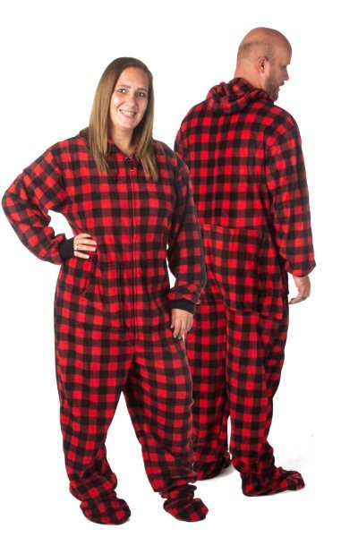 Big Feet Pajamas Adult Red & Black Buffalo Plaid Plush Hooded One Piece  Footy