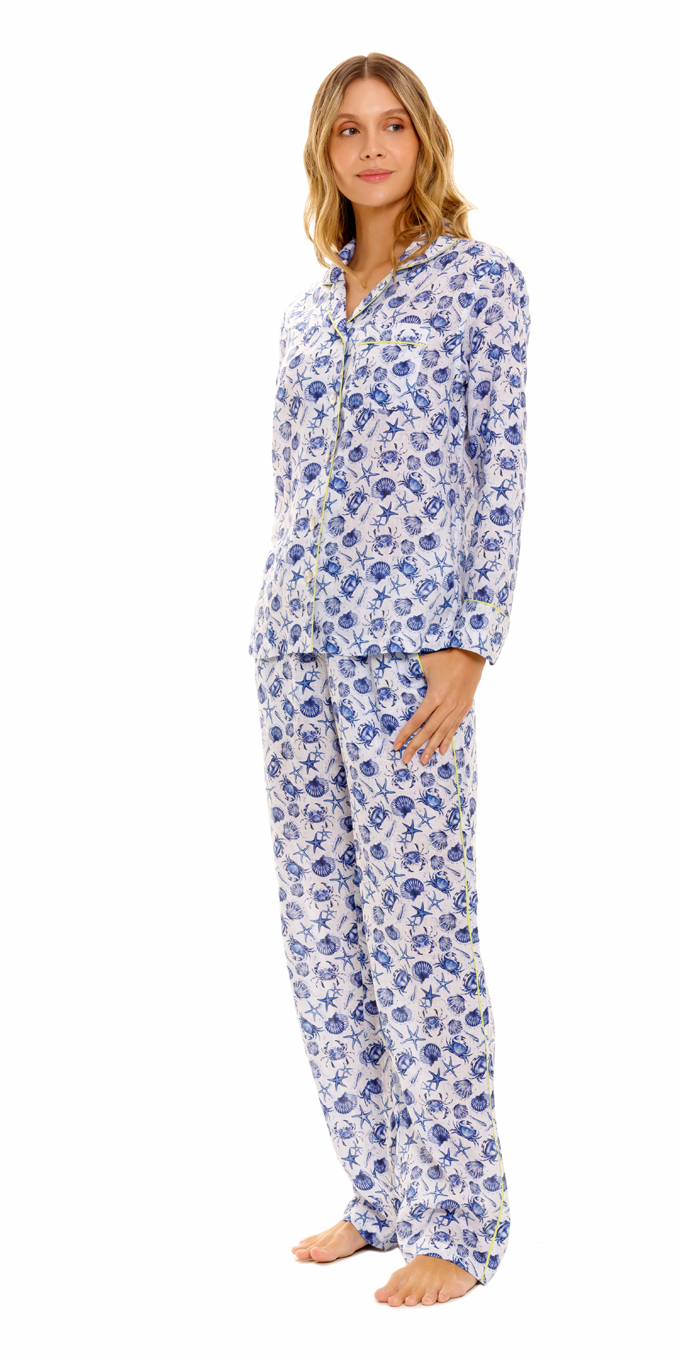 The Lazy Poet Women's Emma Ecru Seashells By The Shore Linen Classic Pajama  Set