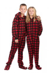 Big Feet Pajamas Kids Red & Black Buffalo Plaid Fleece Hooded One Piece Footy