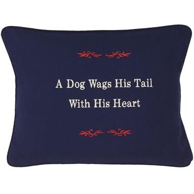 A Dog Wags His Tail With His Heart Navy Blue Embroidered Gift Pillow