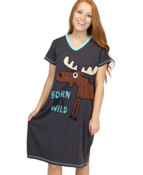 Lazy One Born to be Wild V-Neck Cotton Nightshirt in Grey