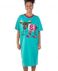 Lazy One I Don't Do Mornings Moose Cotton Nightshirt in Aqua