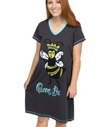 Lazy One Queen Bee V-Neck Cotton Nightshirt in Slate