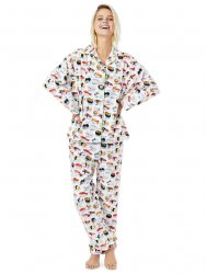 The Cat's Pajamas Women's Sushi Flannel Classic Pajama Set in White