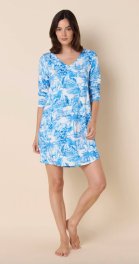 The Cat's Pajamas Women's Palm Grove Toile Pima Knit Cotton Long Sleeve Sleepshirt in Blue