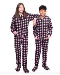 Big Feet Pajamas Kids Pink & Black Buffalo Plaid Fleece Hooded One Piece Footy