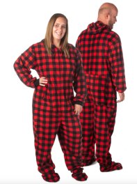 Big Feet Pajamas Adult Red & Black Buffalo Plaid Plush Hooded One Piece Footy