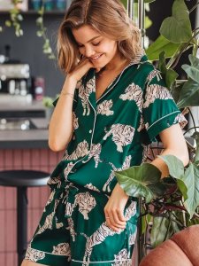 Averie Sleep Zola Emerald Tiger Japanese Satin Shorts Pajama Set