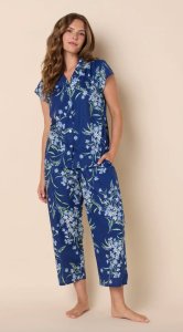 The Cat's Pajamas Women's Garden Posy Luxe Pima Cotton Capri Pajama Set in Navy