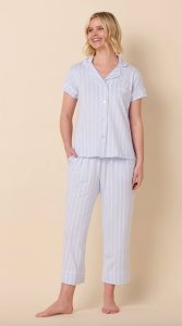 The Cat's Pajamas Women's Heritage Stripe Pima Knit Cotton Capri Pajama Set in Blue