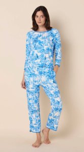 The Cat's Pajamas Women's Palm Grove Toile Pima Knit Cotton Simple Set in Blue