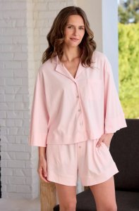 The Cat's Pajamas Women's Mariposa Organic Pima Cotton Long Sleeve Short Set in Pink