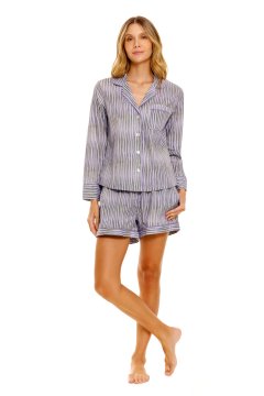 The Lazy Poet Women's Vera Seagrass & Waves Long Sleeve Cotton Short Set