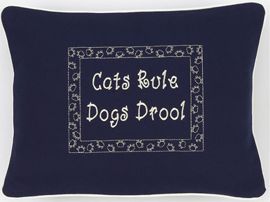 Cats Rule Dogs Drool Navy Blue Embroidered Gift Pillow