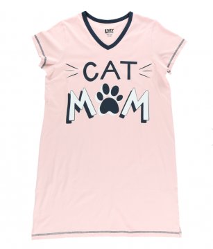 Lazy One Cat Mom V-Neck Cotton Nightshirt in Pink