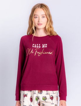 PJ Salvage Call Me Old Fashioned Long Sleeve Lounge Top in Port