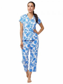 The Cat's Pajamas Women's Chrysantheme Pima Knit Capri Pajama Set in Blue