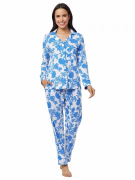 The Cat's Pajamas Women's Chrysantheme Pima Knit Classic Pajama Set in Blue