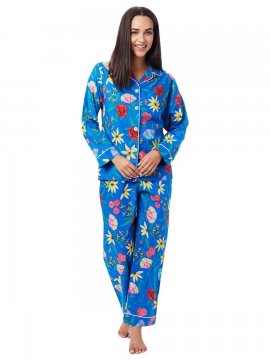 The Cat's Pajamas Women's Fan Flower Luxe Pima Classic Pajama Set in Blue Pima