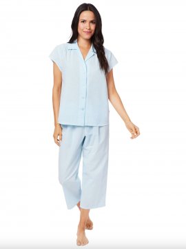 The Cat's Pajamas Women's Seersucker Stripe Cotton Capri Pajama Set in Blue