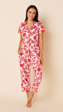 The Cat's Pajamas Women's Chrysantheme Pima Knit Capri Pajama Set in Red